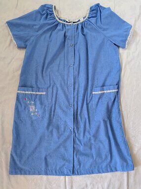 VTG Morning Glory Jasmin Rice L Blue House Dress Floral Gown Coat Cottagecore